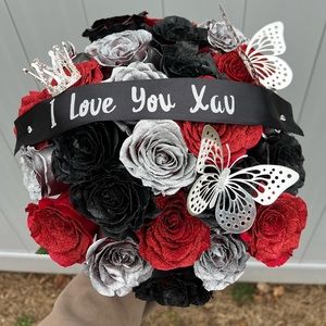 REAL ROSES! 24 Red, Silver & Black Glitter Rose Bouquet!